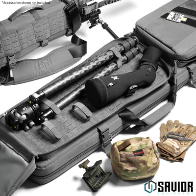 Attachments Included - What good is the ideal LRP rifle bag without a removable scope cover, 2 MOLLE pouches, adjustable muzzle holder, & cleaning rod sleeve? Firearms shown not included.