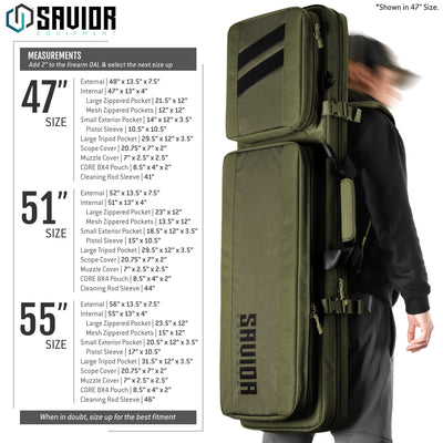 Accessibility - Multiple carrying options. Hideable mesh backpack straps. Adjustable shoulder strap. Padded drag handles. Classic carrying handle. Dragging this bag on the ground is not recommended. Fitment Guide Add 2" to the firearm OAL & select the next size up. 47" fits firearms up to 45". 51" fits firearms up to 49". 55" fits firearms up to 53". When in doubt, size up for the best fitment.