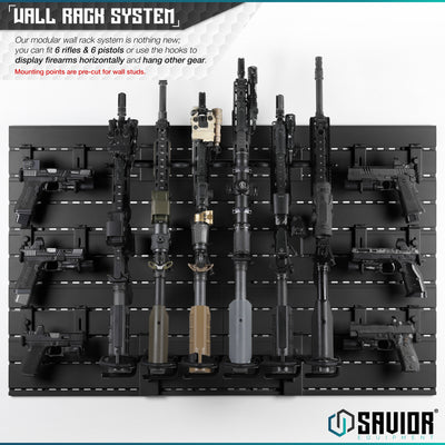 Wall Rack System - Our modular wall rack system is nothing new; you can fit up to 6 rifles & 6 pistols or use the hooks to display firearms horizontally and hang other gear. Mounting points are pre-cut for wall studs.#color_obsidian-black