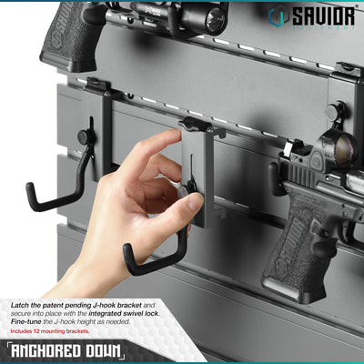 Anchored Down - Latch the patent pending J-hook bracket and secure into place with the integrated swivel lock. Fine-tune the J-hook height as needed. Includes 6 or 12 mounting brackets.#color_sw-gray