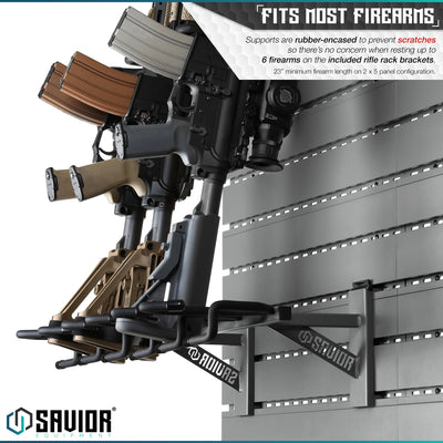 Fits Most Firearms - Supports are rubber-encased to prevent scratches so there's no concern when resting up to 6 firearms on the included rifle rack brackets. 23" minimum firearm length on 2 x 5 panel configuration.#color_sw-gray