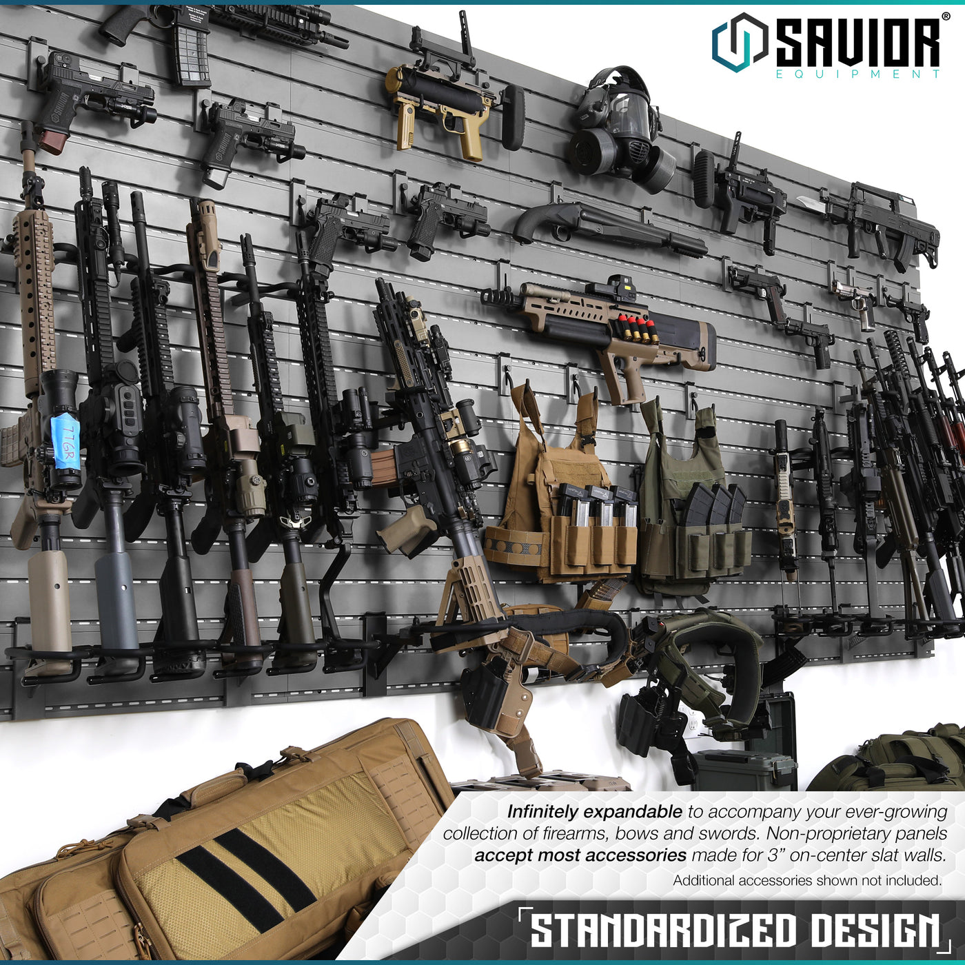 Standardized Design - Infinitely expandable to accompany your ever-growing collection of firearms, bows and swords. Non-proprietary panels accept all accessories made for 3" on-center slat walls. Additional accessories shown not included.#color_sw-gray