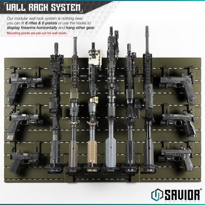 Wall Rack System - Our modular wall rack system is nothing new; you can fit up to 6 rifles & 6 pistols or use the hooks to display firearms horizontally and hang other gear. Mounting points are pre-cut for wall studs.#color_od-green