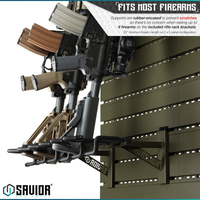 Fits Most Firearms - Supports are rubber-encased to prevent scratches so there's no concern when resting up to 6 firearms on the included rifle rack brackets. 23" minimum firearm length on 2 x 5 panel configuration.#color_od-green