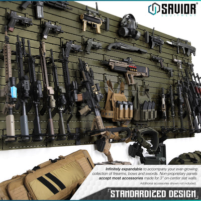 Standardized Design - Infinitely expandable to accompany your ever-growing collection of firearms, bows and swords. Non-proprietary panels accept all accessories made for 3" on-center slat walls. Additional accessories shown not included.#color_od-green