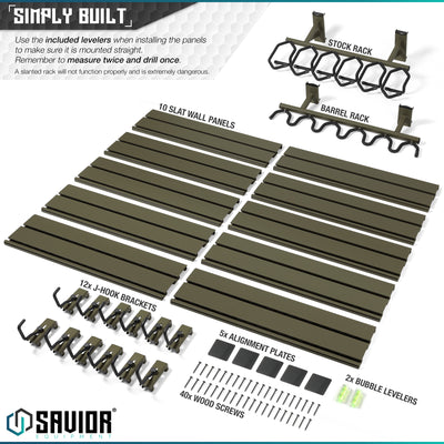 Simply Built - Use the included levelers when installing the panels to make sure it is mounted properly. Remember to measure twice and drill once. A slanted rack will not function properly and is extremely dangerous.#color_od-green