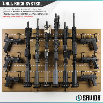 Wall Rack System - Our modular wall rack system is nothing new; you can fit up to 3 or 6 rifles & 3 or 6 pistols or use the hooks to display firearms horizontally and hang other gear. Mounting points are pre-cut for wall studs.#color_ral-8000-tan