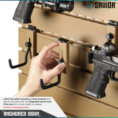 Anchored Down - Latch the patent pending J-hook bracket and secure into place with the integrated swivel lock. Fine-tune the J-hook height as needed. Includes 6 or 12 mounting brackets.#color_ral-8000-tan