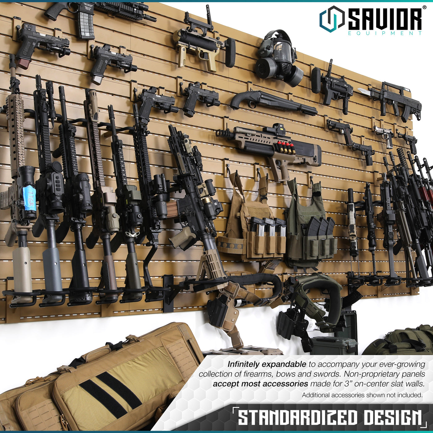 Standardized Design - Infinitely expandable to accompany your ever-growing collection of firearms, bows and swords. Non-proprietary panels accept all accessories made for 3" on-center slat walls. Additional accessories shown not included.#color_ral-8000-tan